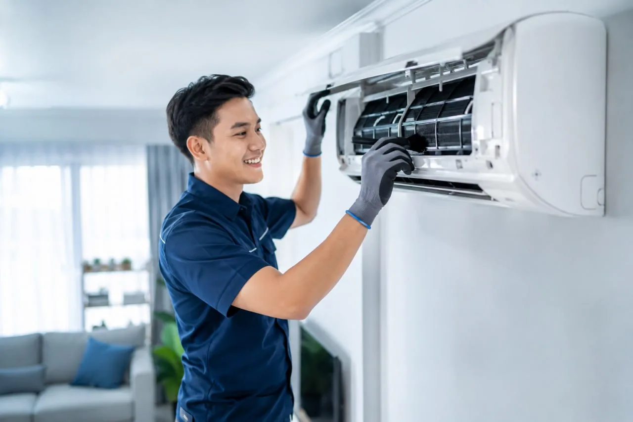 Teknisi Clean Your AC sedang service AC